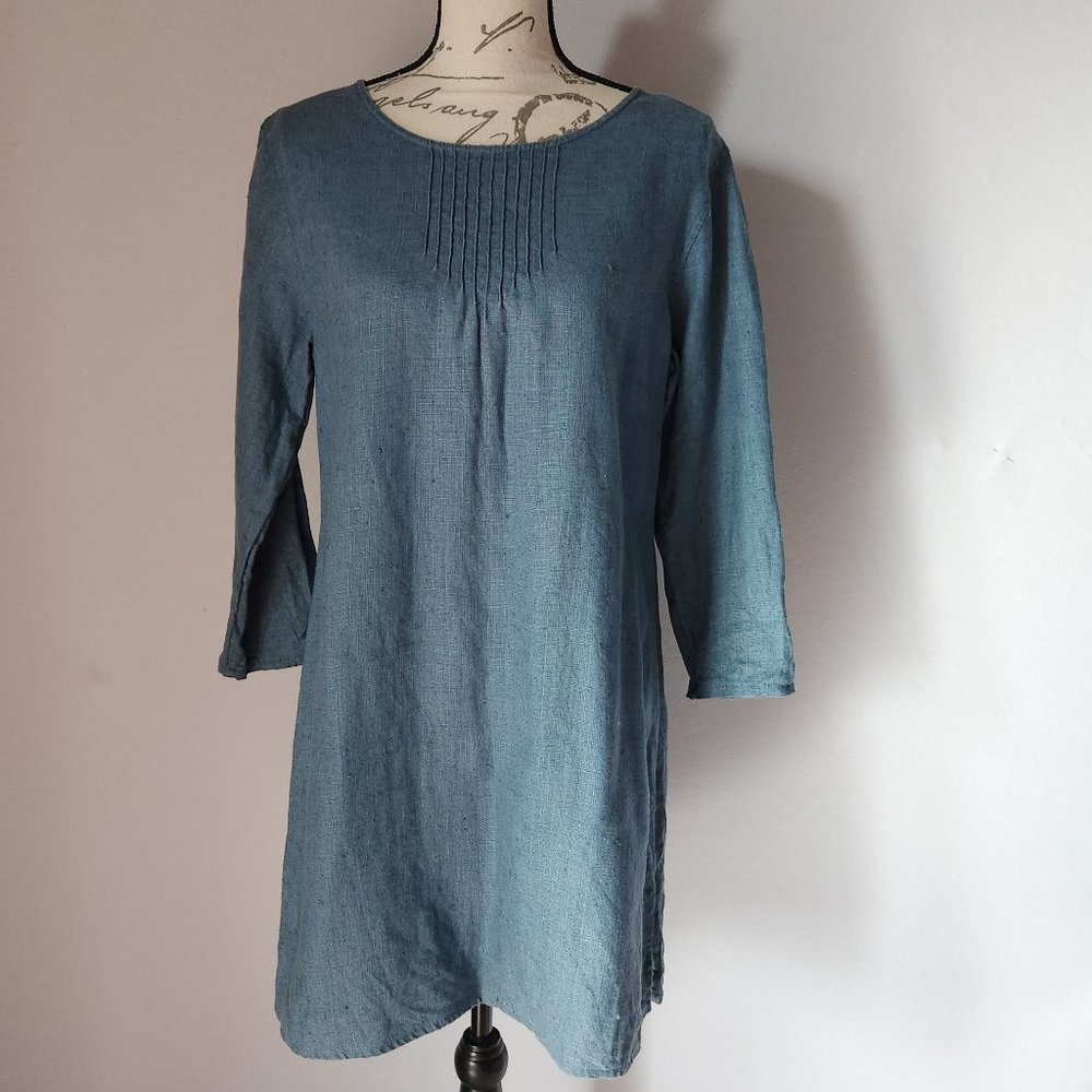 Vintage'90s J.Jill 100% Linen Pintuck Mini Shift Dress Long Sleeve Blue